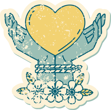 İkonik sıkıntılı dövme stili. Bağlı eller ve bir insan tarafından çizilmiş bir kalp.