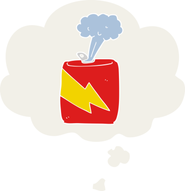 Düşünce baloncuğu olan karikatür soda kutusu insan tarafından çizilmiş.