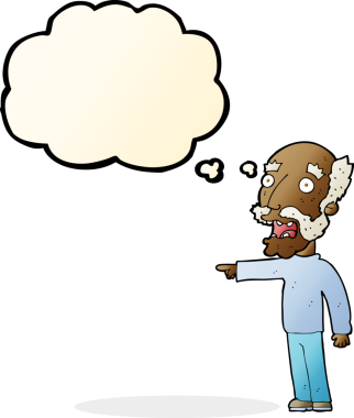 Bir insan tarafından çizilmiş düşünce baloncuğuyla işaret eden korkmuş yaşlı bir adam.