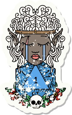 Retro Dövme Tarzı Ağlayan Elf Barbar Karakteri Bir insan tarafından çizilmiş doğal bir D20 rulosu