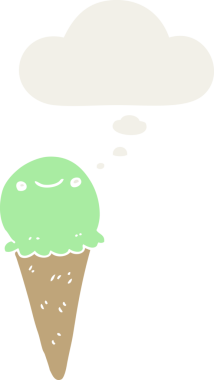 Düşünce baloncuklu karikatür dondurması insan tarafından çizilmiş.