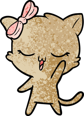 Bir insan tarafından çizilmiş, kafasında yay olan çizgi film kedisi.