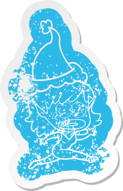 Şok olmuş bir elf kızının insan tarafından çizilmiş Noel Baba şapkası giymesi garip bir karikatür.