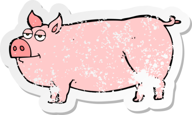 Bir çizgi filmin gerilemiş çıkartması. Bir insan tarafından çizilmiş koca bir domuz.