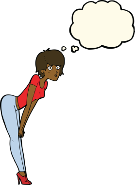 Bir insan tarafından çizilmiş düşünce baloncuğu olan bir şeye bakan çizgi film kadını.