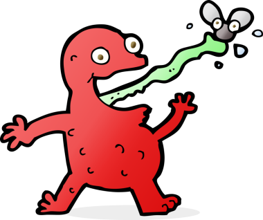 Bir insan tarafından çizilmiş sineği yakalayan kurbağa.