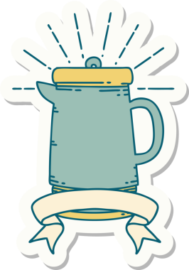 Bir insan tarafından çizilmiş dövme stili kahve demliği çıkartması.