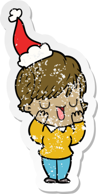 Bir insan tarafından çizilmiş Noel Baba şapkasıyla konuşan bir kadın.