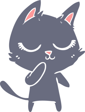 Sakin düz renkli çizgi film kedisi. Bir insan tarafından çizilmiş.