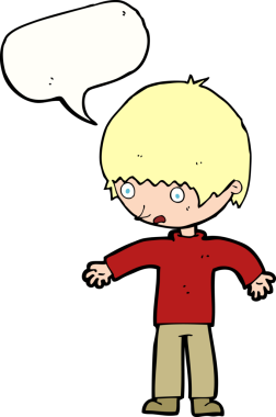 Bir insan tarafından çizilmiş konuşma balonu olan kafası karışmış bir çocuk.