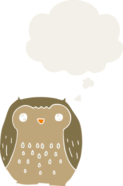 Bir insan tarafından çizilmiş düşünce baloncuğu olan sevimli çizgi film baykuşu.