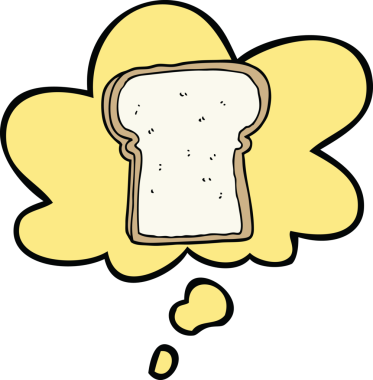 Bir insan tarafından çizilmiş düşünce balonlu bir ekmek dilimi.