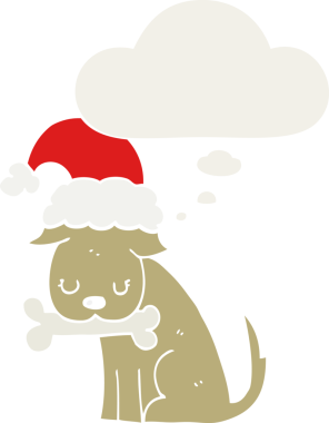 Bir insan tarafından çizilmiş düşünce baloncuğu olan şirin bir Noel köpeği.