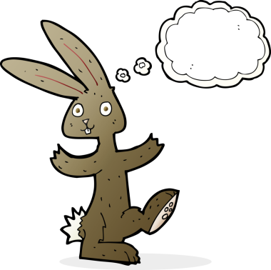 Bir insan tarafından çizilmiş düşünce kabarcığı olan çizgi film tavşanı.