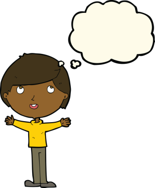 Bir insan tarafından çizilmiş düşünce balonu olan mutlu çocuk çizgi filmi.