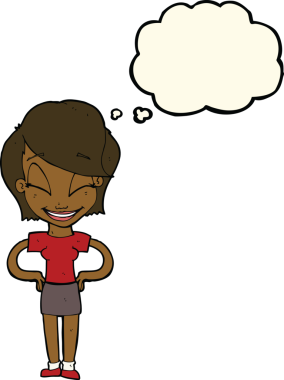 Bir insan tarafından çizilmiş düşünce baloncuğu olan elleri kalçasında çizgi film kadını.