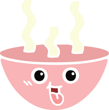 Bir insan tarafından çizilmiş sıcak çorba kasesinin düz renkli retro karikatürü