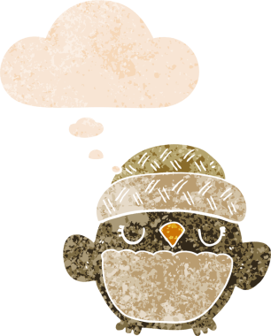 Şapkalı şirin bir baykuş. Grunge 'da düşünce baloncuğu var. Bir insan tarafından çizilmiş desenli.