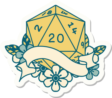 Bir insan tarafından çizilmiş 20 D20 zarının çıkartması.