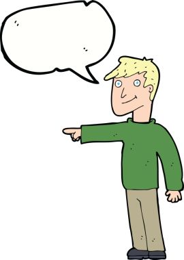 Bir insan tarafından çizilmiş bir konuşma balonuyla işaret eden çizgi film adamı.