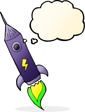 Bir insan tarafından çizilmiş düşünce baloncuklu uzay roketi.