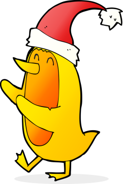 Bir insan tarafından çizilmiş Xmas şapkalı bir karikatür kuşu.