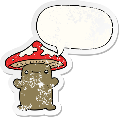 Konuşma baloncuğu olan çizgi film mantarı bir insan tarafından çizilmiş sıkıntılı eski bir çıkartma