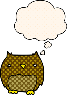 Bir insan tarafından çizilmiş çizgi roman tarzında düşünce baloncuğu olan sevimli bir baykuş.