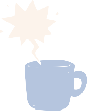 bir insan tarafından çizilmiş, konuşma baloncuklu çizgi film kahve fincanı.