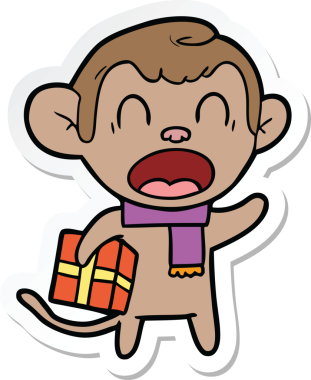 Bir insan tarafından çizilmiş Noel hediyesi taşıyan bağıran çizgi film maymunu çıkartması.