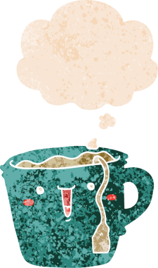 Hoş çizgi film kahve fincanı. Düşünce baloncuğu, grunge, sıkıntılı retro tarzı bir insan tarafından çizilmiş.