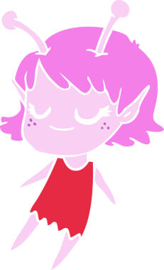 Gülümseyen uzaylı kız düz renkli çizgi film bir insan tarafından çizildi.