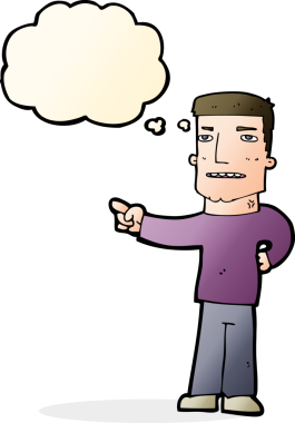 Bir insan tarafından çizilen düşünce baloncuğuyla işaret eden çizgi film adamı.