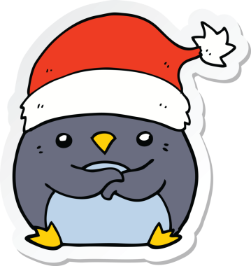 Bir insan tarafından çizilmiş Noel şapkası takan sevimli bir penguenin çıkartması.