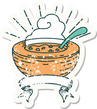 Bir insan tarafından çizilmiş bir çorba kasesinin eski bir çıkartması.