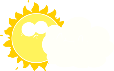 Sevimli düz renkli çizgi film bulutu ve bir insan tarafından çizilmiş güneş.