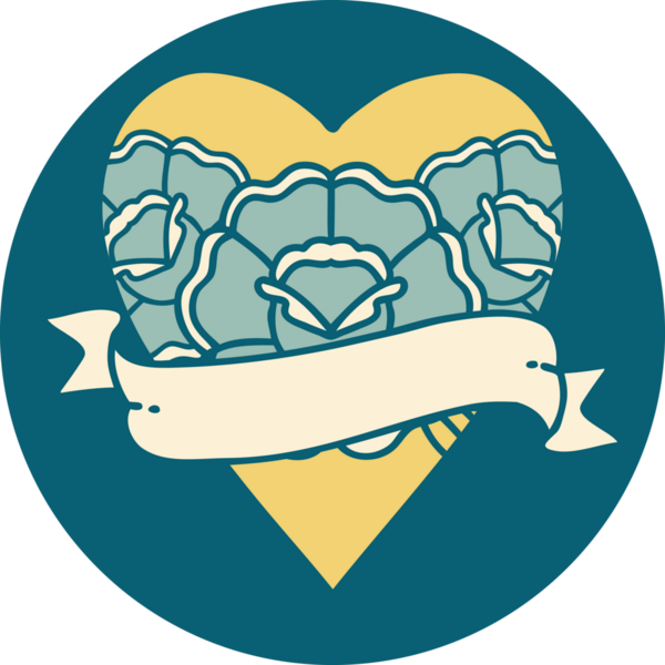 İkonik dövme stili bir kalp ve bir insan tarafından çizilmiş çiçekli pankart.