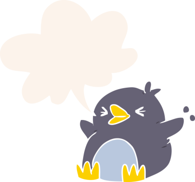 bir insan tarafından çizilmiş, retro tarzı konuşma balonu olan penguen çizgi filmi.