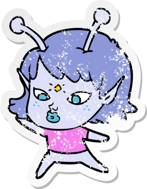 Bir insan tarafından çizilmiş güzel uzaylı bir kızın sıkıntılı çıkartması.