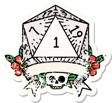 Bir insan tarafından çizilmiş doğal bir d20 zarının grunge çıkartması.