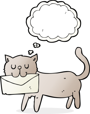 Bir insan tarafından çizilmiş düşünce baloncuklu mektup taşıyan çizgi film kedisi.