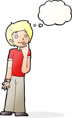 Bir insan tarafından çizilmiş düşünce baloncuğuyla merak eden çizgi film çocuğu.