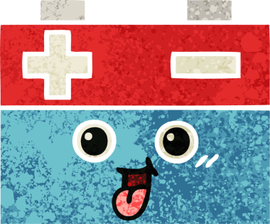 Bir insan tarafından çizilmiş bir araba aküsünün retro çizim tarzı karikatürü