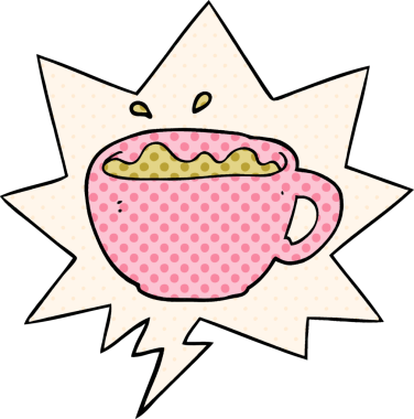 Bir insan tarafından çizilmiş çizgi roman tarzında konuşma balonlu kahve fincanı.