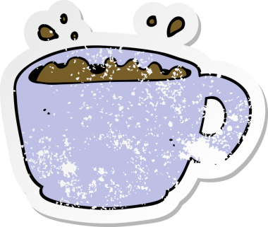 Bir insan tarafından çizilmiş çizgi film kahve fincanının sıkıntılı çıkartması.