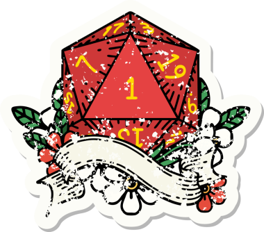 Bir insan tarafından çizilmiş doğal bir d20 zarının grunge çıkartması.