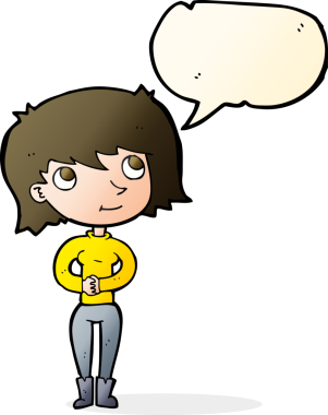 Bir insan tarafından çizilmiş konuşma balonu olan karikatür dostu bir kadın.