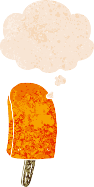 Düşünce baloncuğu ile çizgi film buz lolipopu grunge sıkıntılı retro dokuma tarzı bir insan tarafından çizilmiş