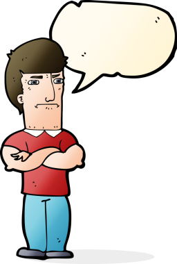 Bir insan tarafından çizilmiş, kolları katlanmış, konuşma balonlu bir karikatür.