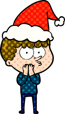 Bir insan tarafından çizilmiş Noel Baba şapkası giyen meraklı bir çocuğun el çizimi çizgi roman çizimi.